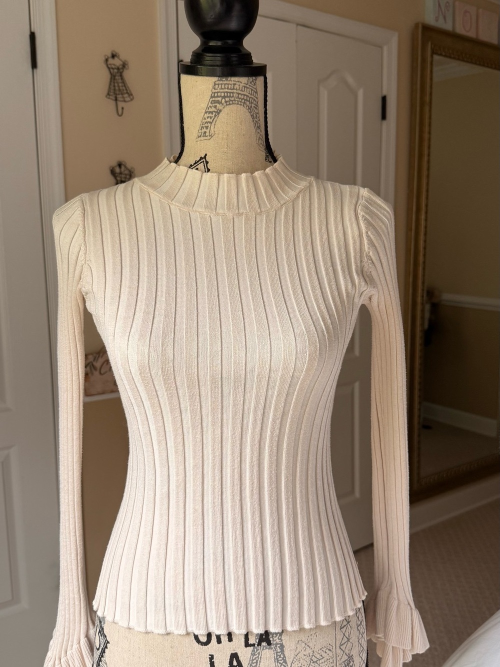 Cream Light Pink Ribbed Mock Neck Sweater Ruffle Bell Sleeve Fitted Knit Top